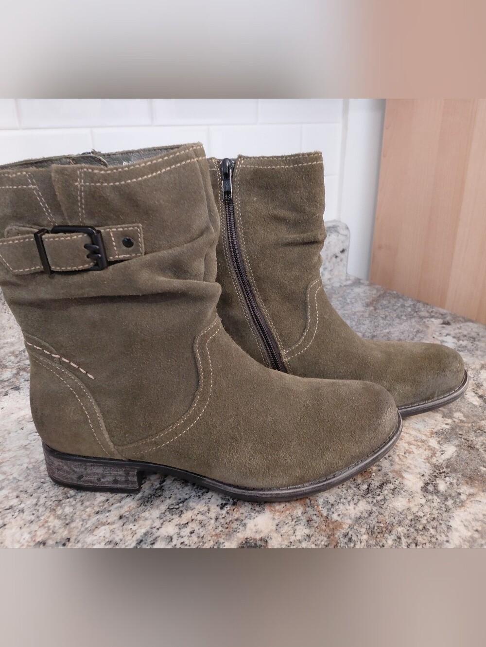 Earth Olive Green Suede Ankle Booties with Side Zip And Buckle